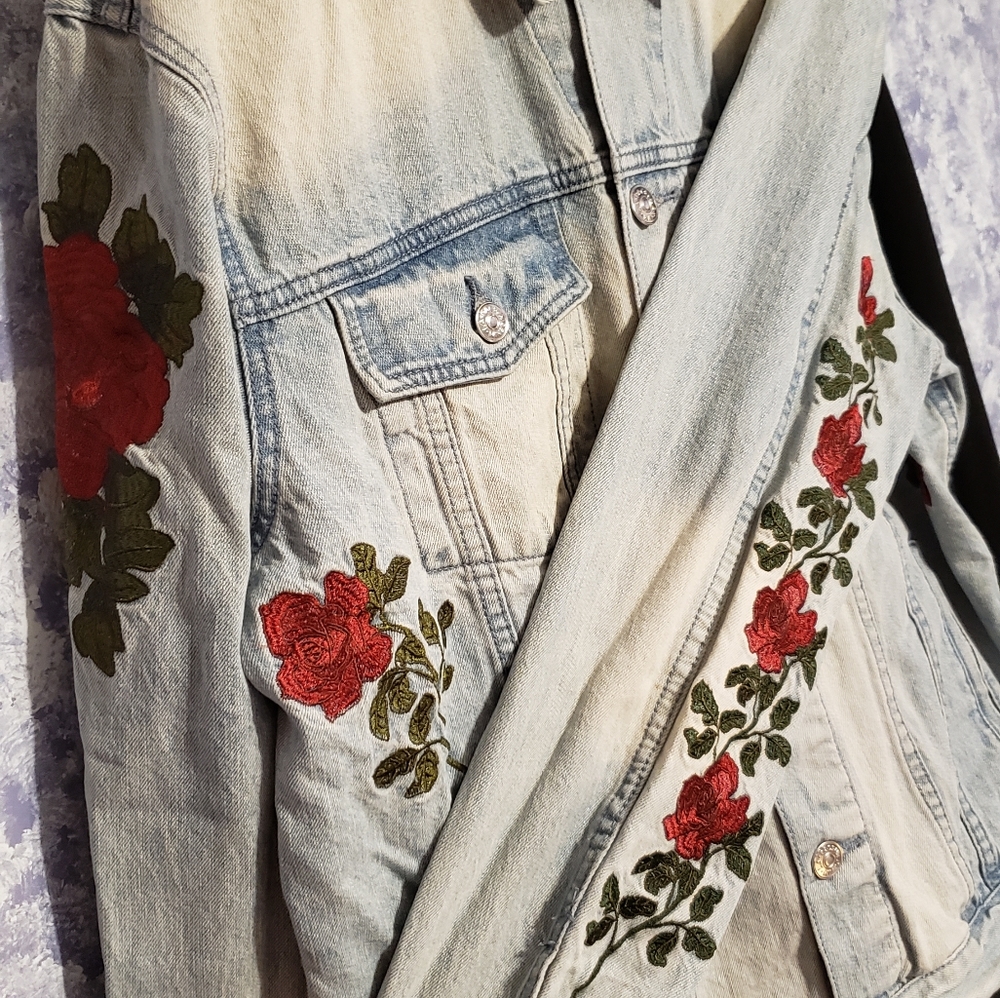 Pacsun mens denim jacket rose embroidered